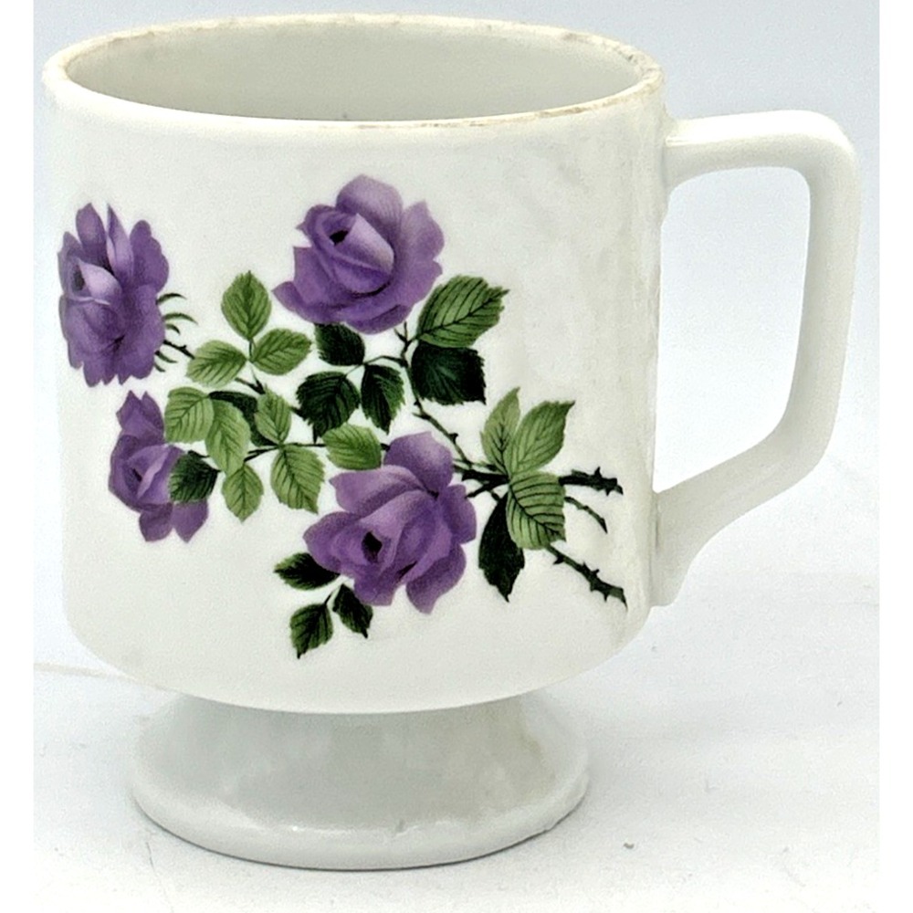 Vintage Retro Mug Cup Pedestal Purple Roses Flowers Coffee Tea Japan  8 Oz 1279#